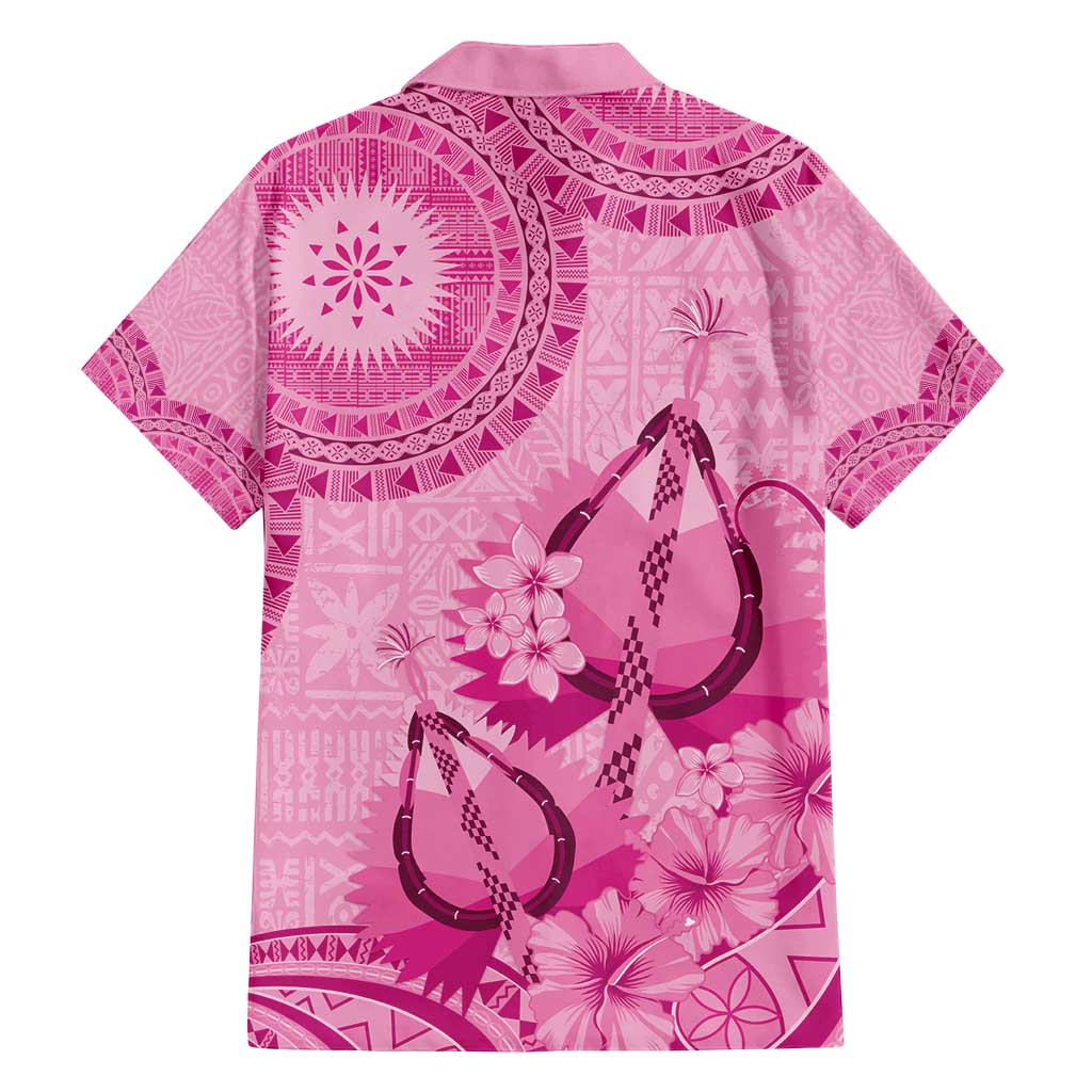 Pink Bula Fiji Family Matching Off Shoulder Short Dress and Hawaiian Shirt Fijian Dance Fan Tapa Cloth Pattern