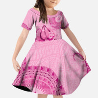Pink Bula Fiji Family Matching Short Sleeve Bodycon Dress and Hawaiian Shirt Fijian Dance Fan Tapa Cloth Pattern