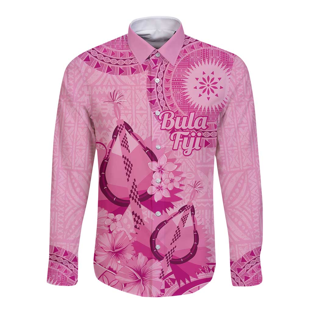 Pink Bula Fiji Long Sleeve Button Shirt Fijian Dance Fan Tapa Cloth Pattern
