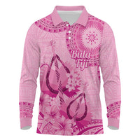 Pink Bula Fiji Long Sleeve Polo Shirt Fijian Dance Fan Tapa Cloth Pattern
