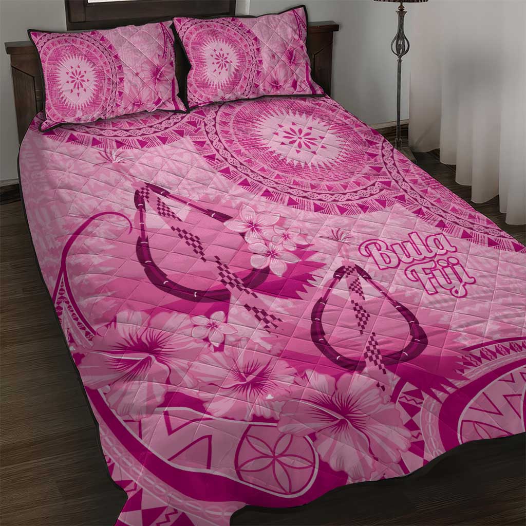 Pink Bula Fiji Quilt Bed Set Fijian Dance Fan Tapa Cloth Pattern