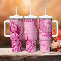 Pink Bula Fiji Tumbler With Handle Fijian Dance Fan Tapa Cloth Pattern
