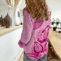 Pink Bula Fiji Women Casual Shirt Fijian Dance Fan Tapa Cloth Pattern