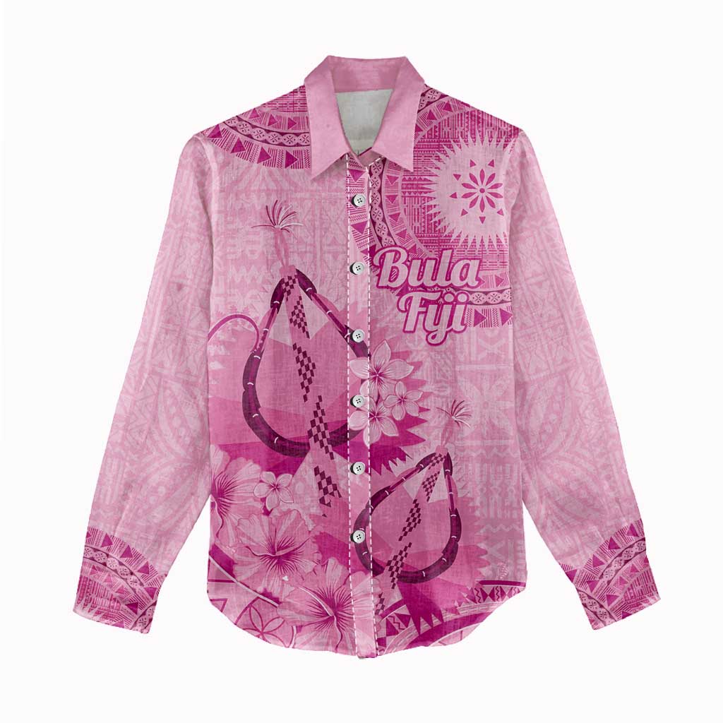 Pink Bula Fiji Women Casual Shirt Fijian Dance Fan Tapa Cloth Pattern