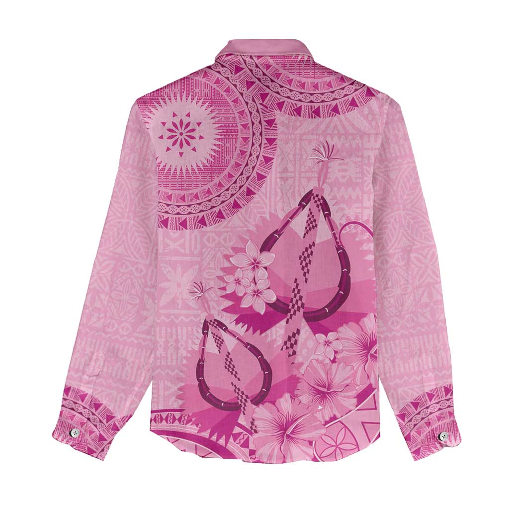 Pink Bula Fiji Women Casual Shirt Fijian Dance Fan Tapa Cloth Pattern