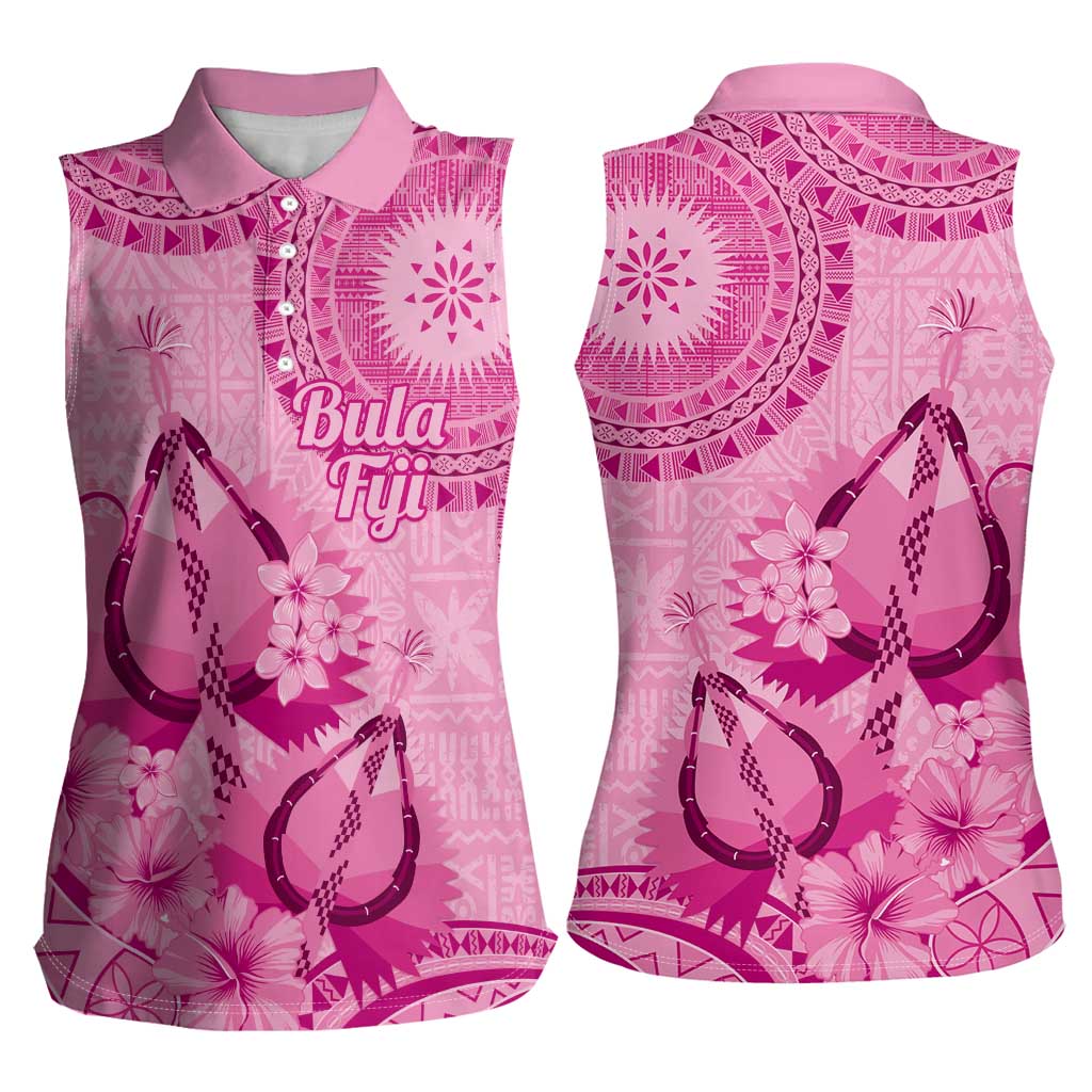 Pink Bula Fiji Women Sleeveless Polo Shirt Fijian Dance Fan Tapa Cloth Pattern