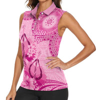 Pink Bula Fiji Women Sleeveless Polo Shirt Fijian Dance Fan Tapa Cloth Pattern
