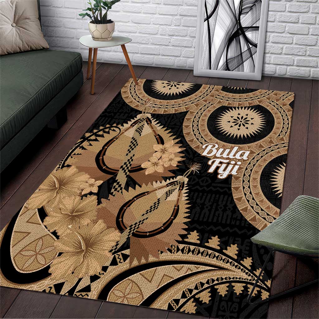 Black Bula Fiji Area Rug Fijian Dance Fan Tapa Cloth Pattern