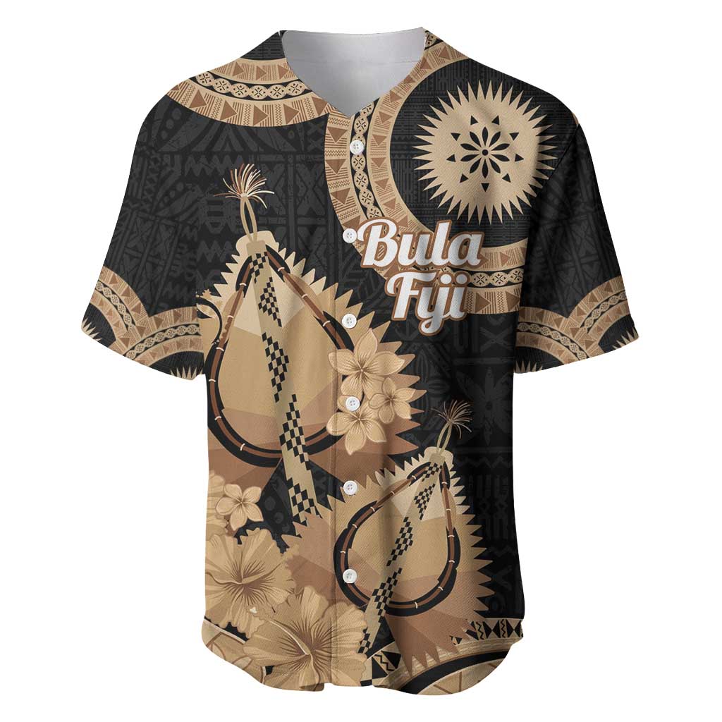 Black Bula Fiji Baseball Jersey Fijian Dance Fan Tapa Cloth Pattern