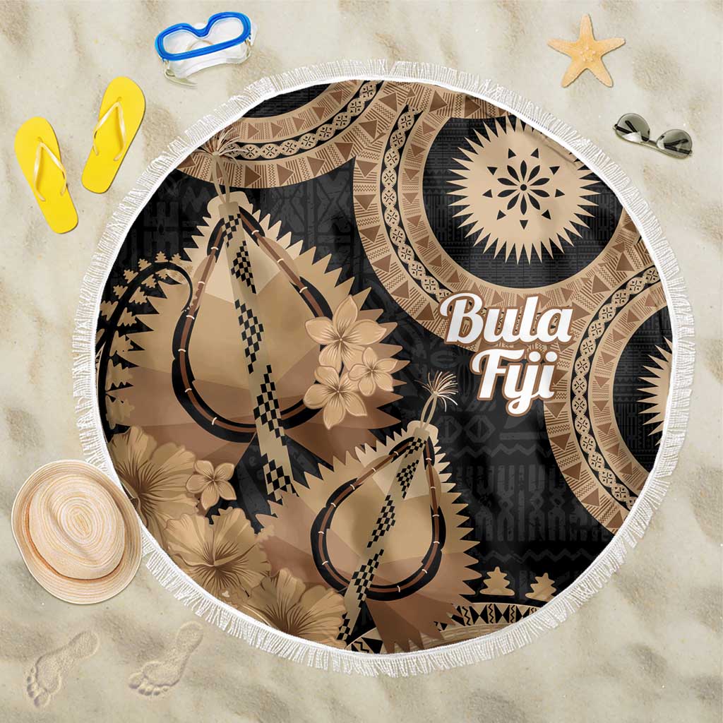 Black Bula Fiji Beach Blanket Fijian Dance Fan Tapa Cloth Pattern