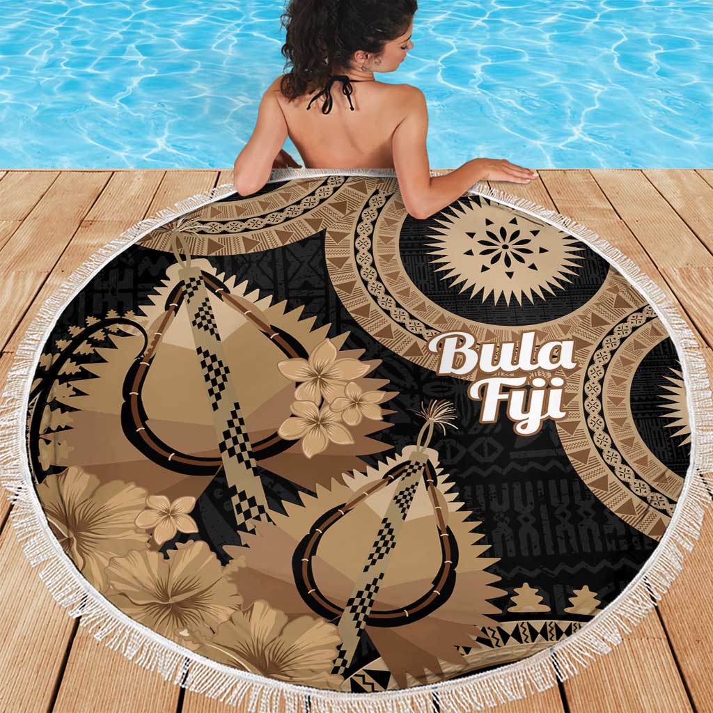 Black Bula Fiji Beach Blanket Fijian Dance Fan Tapa Cloth Pattern