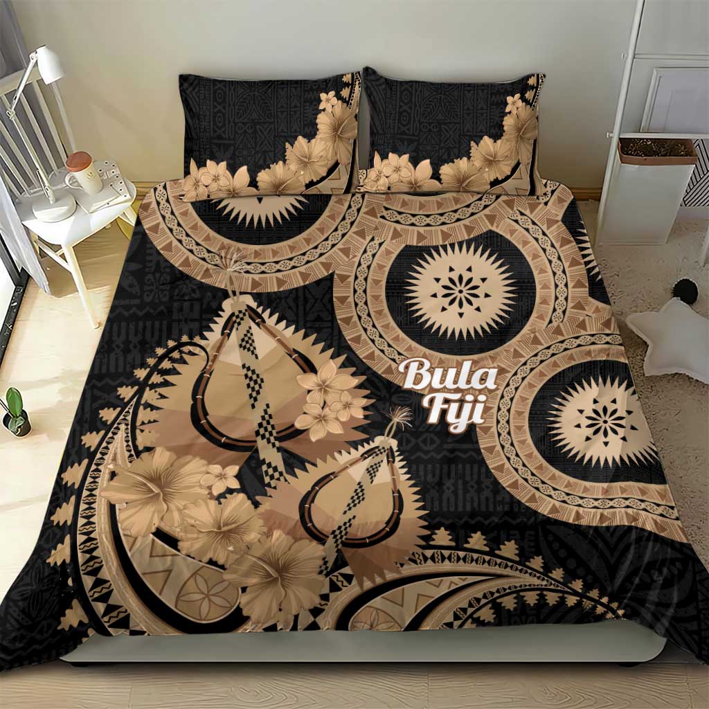 Black Bula Fiji Bedding Set Fijian Dance Fan Tapa Cloth Pattern