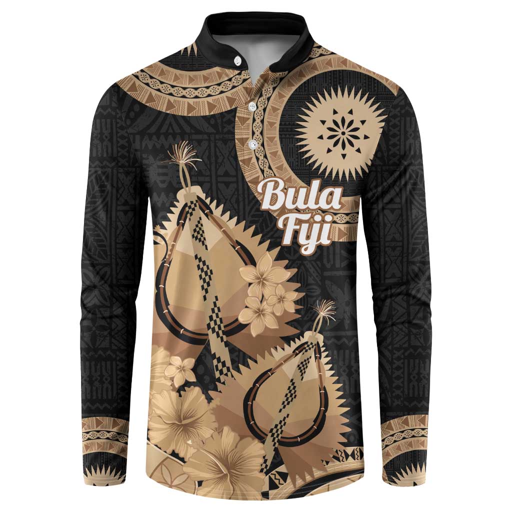 Black Bula Fiji Button Sweatshirt Fijian Dance Fan Tapa Cloth Pattern