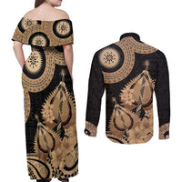 Black Bula Fiji Couples Matching Off Shoulder Maxi Dress and Long Sleeve Button Shirt Fijian Dance Fan Tapa Cloth Pattern