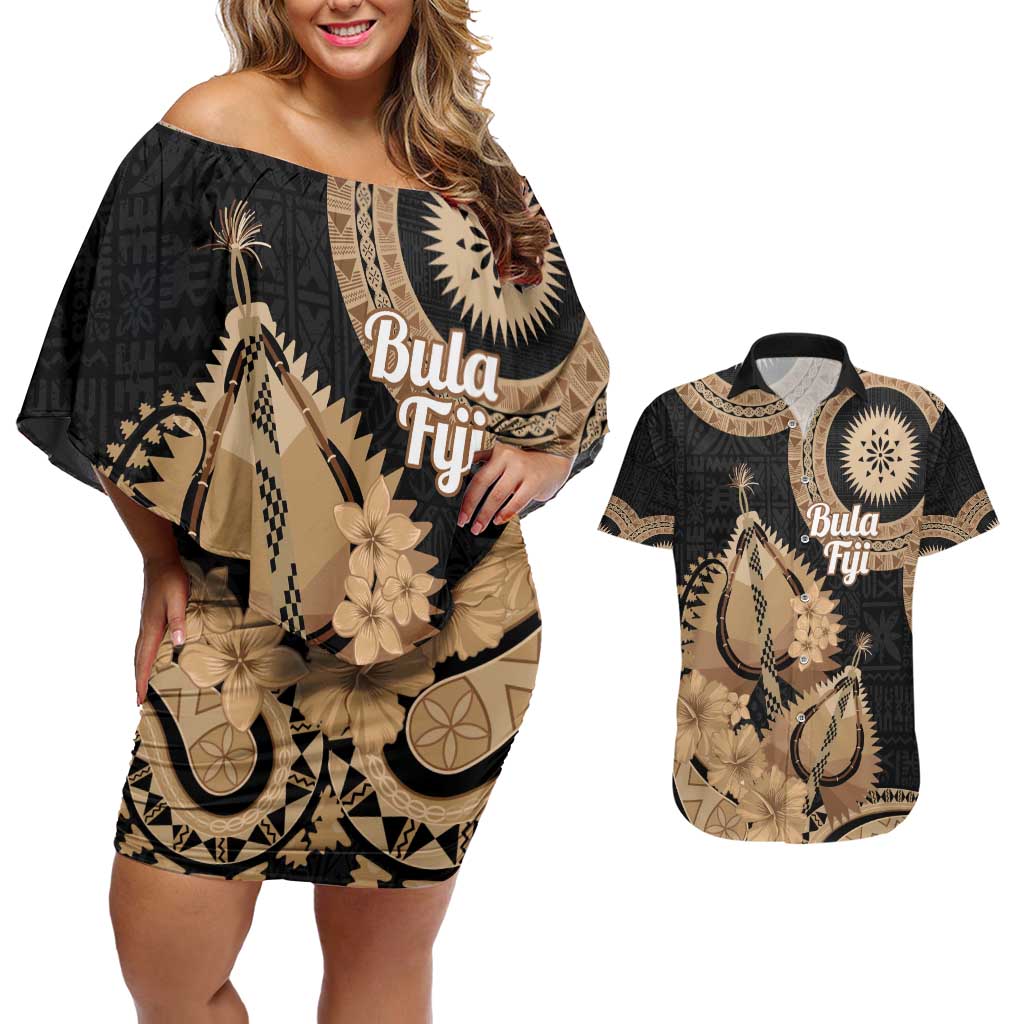 Black Bula Fiji Couples Matching Off Shoulder Short Dress and Hawaiian Shirt Fijian Dance Fan Tapa Cloth Pattern