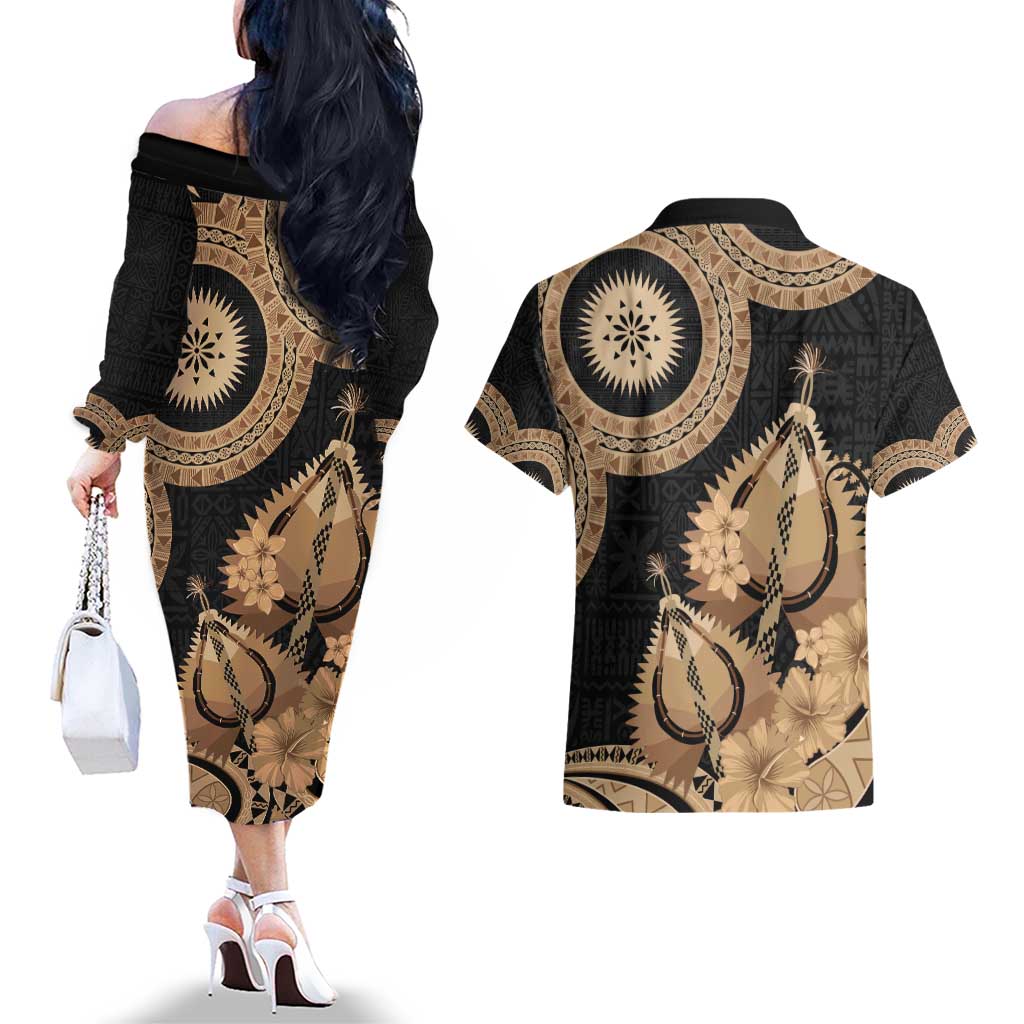 Black Bula Fiji Couples Matching Off The Shoulder Long Sleeve Dress and Hawaiian Shirt Fijian Dance Fan Tapa Cloth Pattern