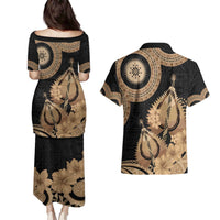 Black Bula Fiji Couples Matching Puletasi and Hawaiian Shirt Fijian Dance Fan Tapa Cloth Pattern