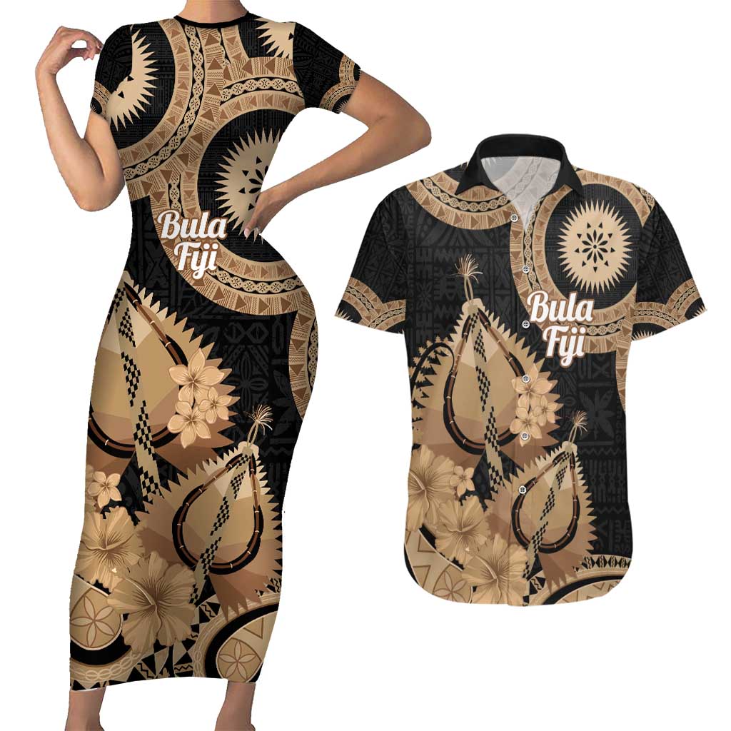 Black Bula Fiji Couples Matching Short Sleeve Bodycon Dress and Hawaiian Shirt Fijian Dance Fan Tapa Cloth Pattern