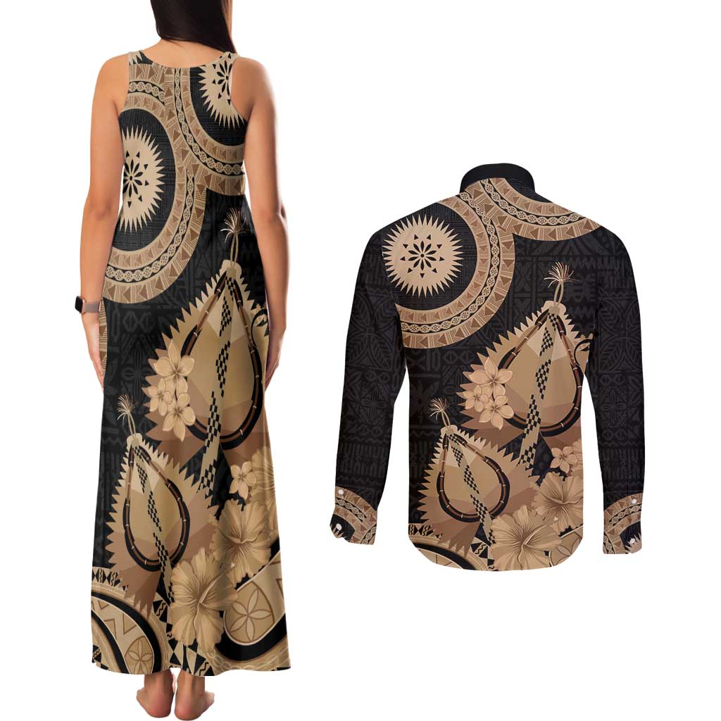 Black Bula Fiji Couples Matching Tank Maxi Dress and Long Sleeve Button Shirt Fijian Dance Fan Tapa Cloth Pattern