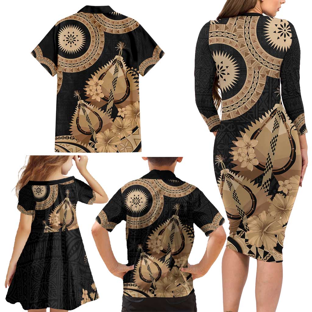 Black Bula Fiji Family Matching Long Sleeve Bodycon Dress and Hawaiian Shirt Fijian Dance Fan Tapa Cloth Pattern