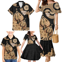 Black Bula Fiji Family Matching Mermaid Dress and Hawaiian Shirt Fijian Dance Fan Tapa Cloth Pattern