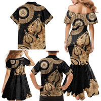 Black Bula Fiji Family Matching Mermaid Dress and Hawaiian Shirt Fijian Dance Fan Tapa Cloth Pattern