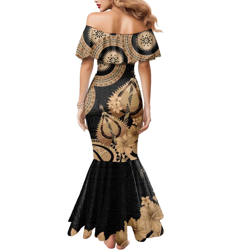 Black Bula Fiji Family Matching Mermaid Dress and Hawaiian Shirt Fijian Dance Fan Tapa Cloth Pattern