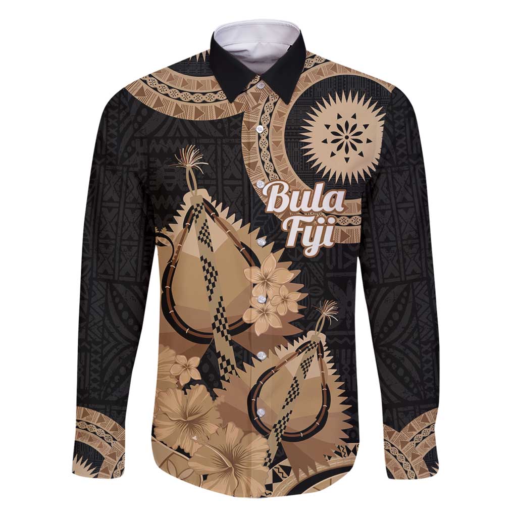 Black Bula Fiji Family Matching Off Shoulder Maxi Dress and Hawaiian Shirt Fijian Dance Fan Tapa Cloth Pattern