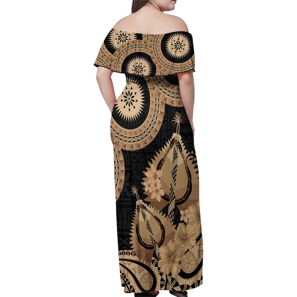 Black Bula Fiji Family Matching Off Shoulder Maxi Dress and Hawaiian Shirt Fijian Dance Fan Tapa Cloth Pattern
