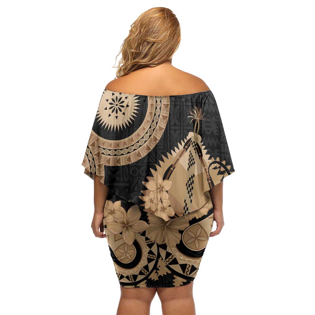Black Bula Fiji Family Matching Off Shoulder Short Dress and Hawaiian Shirt Fijian Dance Fan Tapa Cloth Pattern