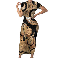 Black Bula Fiji Family Matching Short Sleeve Bodycon Dress and Hawaiian Shirt Fijian Dance Fan Tapa Cloth Pattern