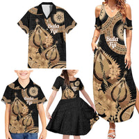 Black Bula Fiji Family Matching Summer Maxi Dress and Hawaiian Shirt Fijian Dance Fan Tapa Cloth Pattern