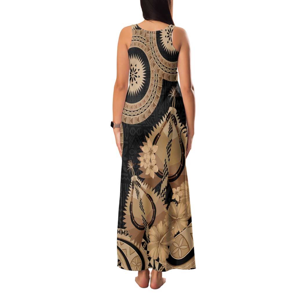Black Bula Fiji Family Matching Tank Maxi Dress and Hawaiian Shirt Fijian Dance Fan Tapa Cloth Pattern