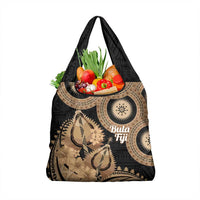 Black Bula Fiji Grocery Bag Fijian Dance Fan Tapa Cloth Pattern
