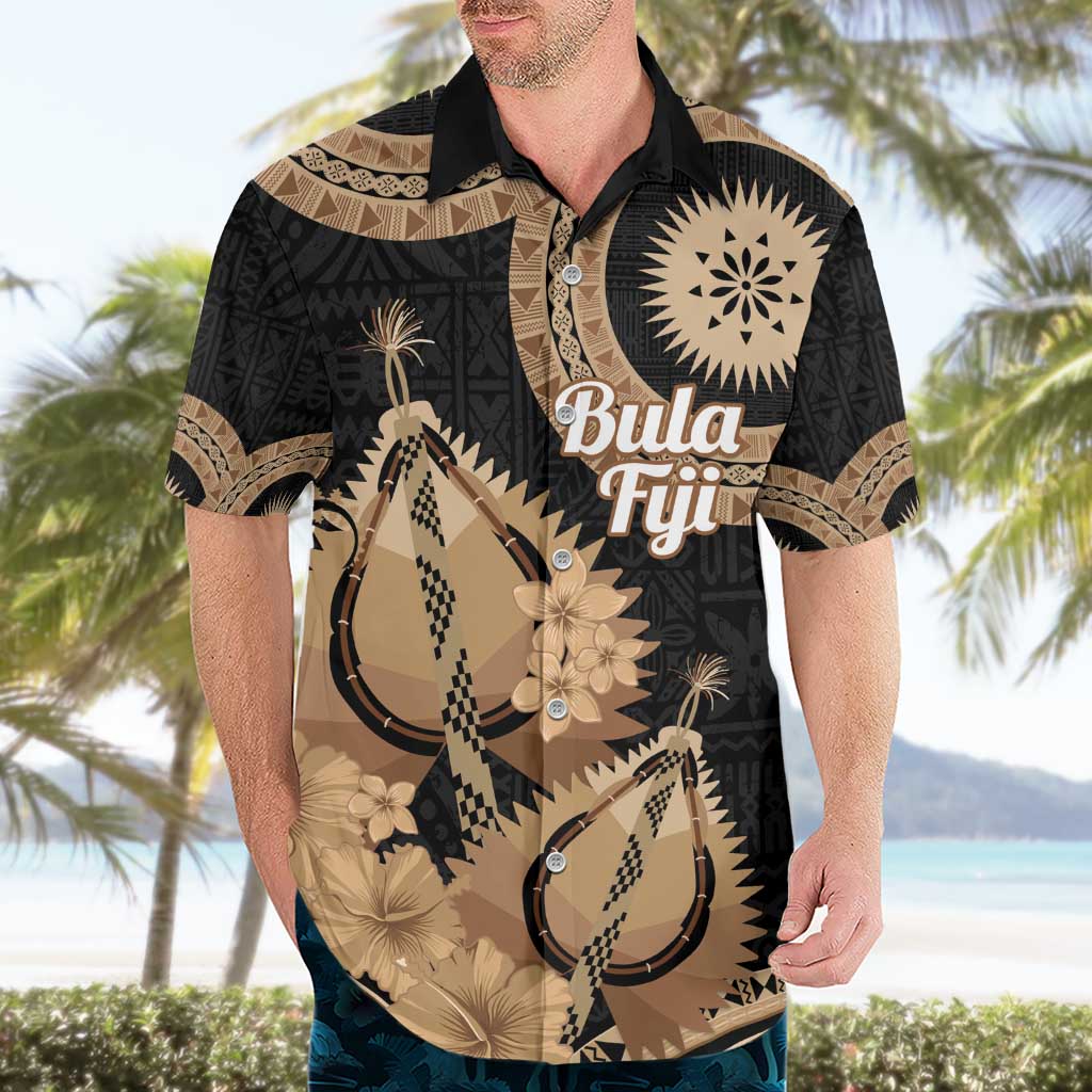 Black Bula Fiji Hawaiian Shirt Fijian Dance Fan Tapa Cloth Pattern