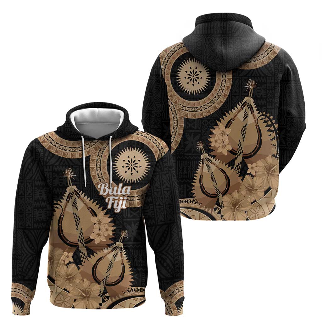 Black Bula Fiji Hoodie Fijian Dance Fan Tapa Cloth Pattern