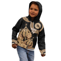 Black Bula Fiji Kid Hoodie Fijian Dance Fan Tapa Cloth Pattern