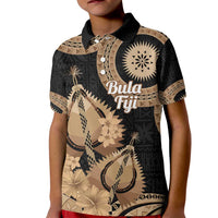 Black Bula Fiji Kid Polo Shirt Fijian Dance Fan Tapa Cloth Pattern