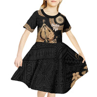 Black Bula Fiji Kid Short Sleeve Dress Fijian Dance Fan Tapa Cloth Pattern
