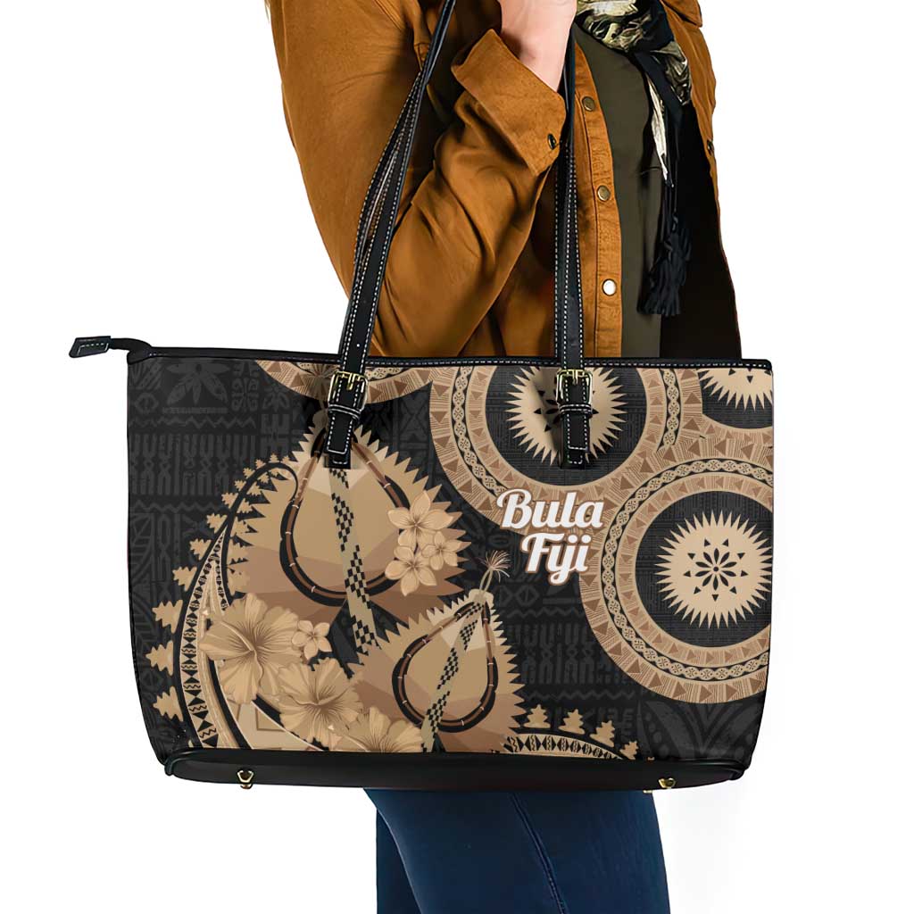 Black Bula Fiji Leather Tote Bag Fijian Dance Fan Tapa Cloth Pattern