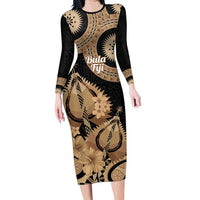 Black Bula Fiji Long Sleeve Bodycon Dress Fijian Dance Fan Tapa Cloth Pattern