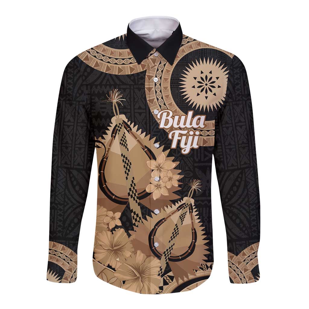 Black Bula Fiji Long Sleeve Button Shirt Fijian Dance Fan Tapa Cloth Pattern