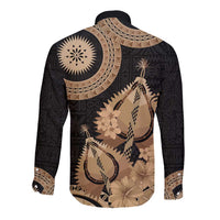 Black Bula Fiji Long Sleeve Button Shirt Fijian Dance Fan Tapa Cloth Pattern