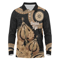 Black Bula Fiji Long Sleeve Polo Shirt Fijian Dance Fan Tapa Cloth Pattern