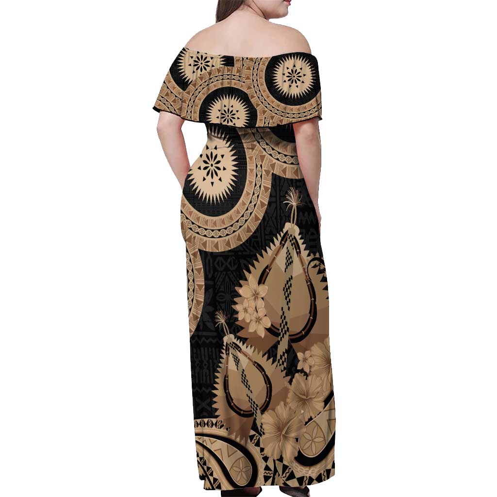 Black Bula Fiji Off Shoulder Maxi Dress Fijian Dance Fan Tapa Cloth Pattern