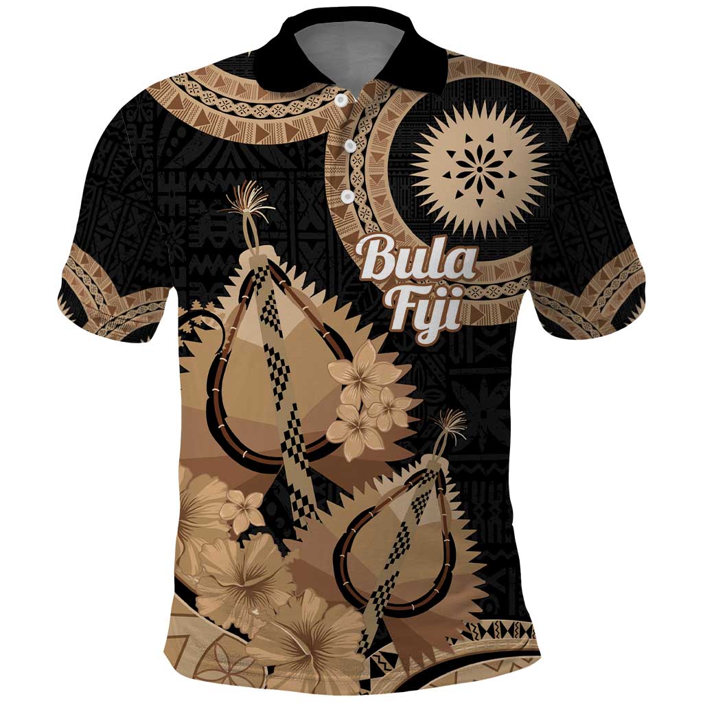 Black Bula Fiji Polo Shirt Fijian Dance Fan Tapa Cloth Pattern