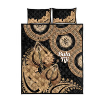 Black Bula Fiji Quilt Bed Set Fijian Dance Fan Tapa Cloth Pattern