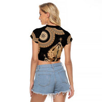 Black Bula Fiji Raglan Cropped T Shirt Fijian Dance Fan Tapa Cloth Pattern