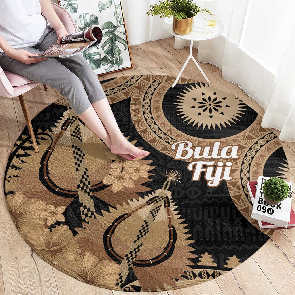 Black Bula Fiji Round Carpet Fijian Dance Fan Tapa Cloth Pattern