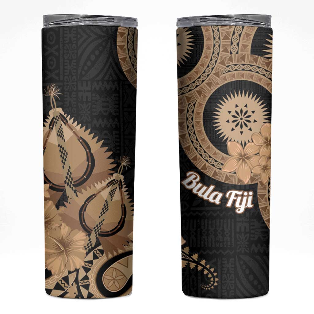 Black Bula Fiji Skinny Tumbler Fijian Dance Fan Tapa Cloth Pattern